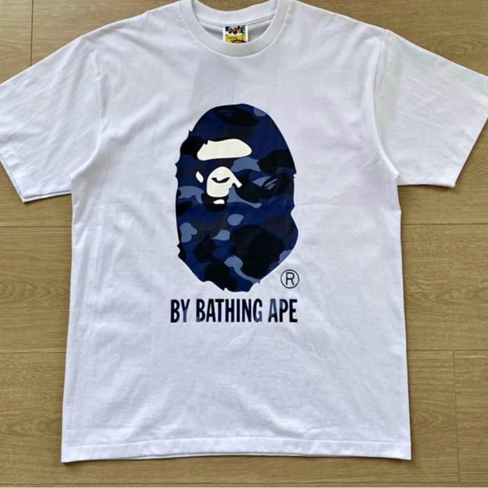 Bape White Tee with Blue Camo Ape Design